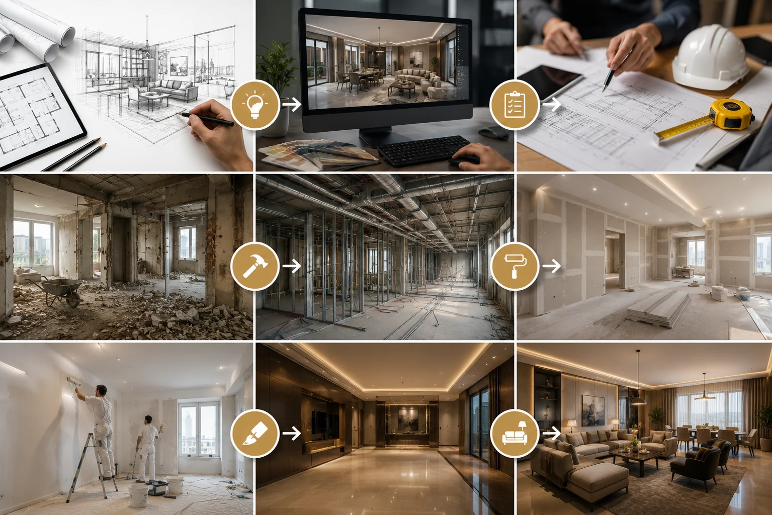 مراحل التصميم والتنفيذ والتشطيبات والديكور